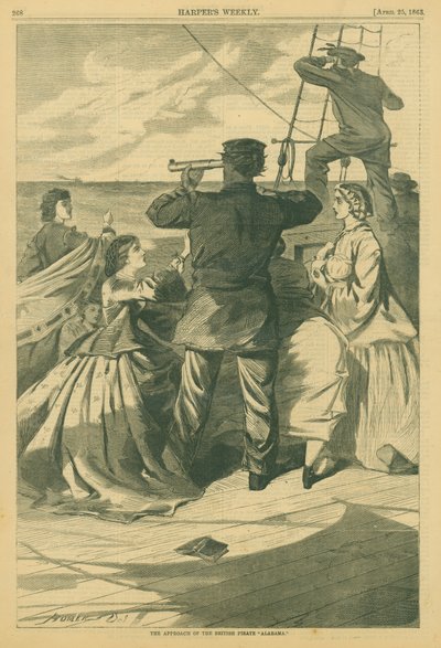 Print of a Naval Officer Peering Through a Spyglass at a Ship in the Distance While Several Ladies Huddle Around Him by Winslow Homer